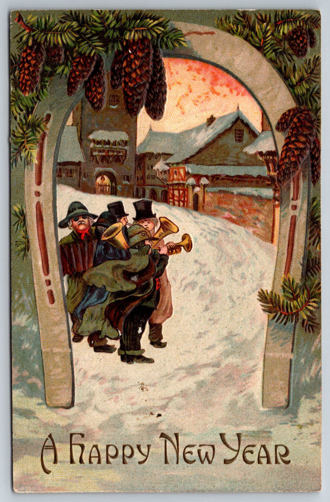 Happy New Year, Embossed, Band, Village, c1909, R.P.O., Vintage Postcard Happy New Year, Embossed, Band, Village, c1909, R.P.O., Vintage Postcard