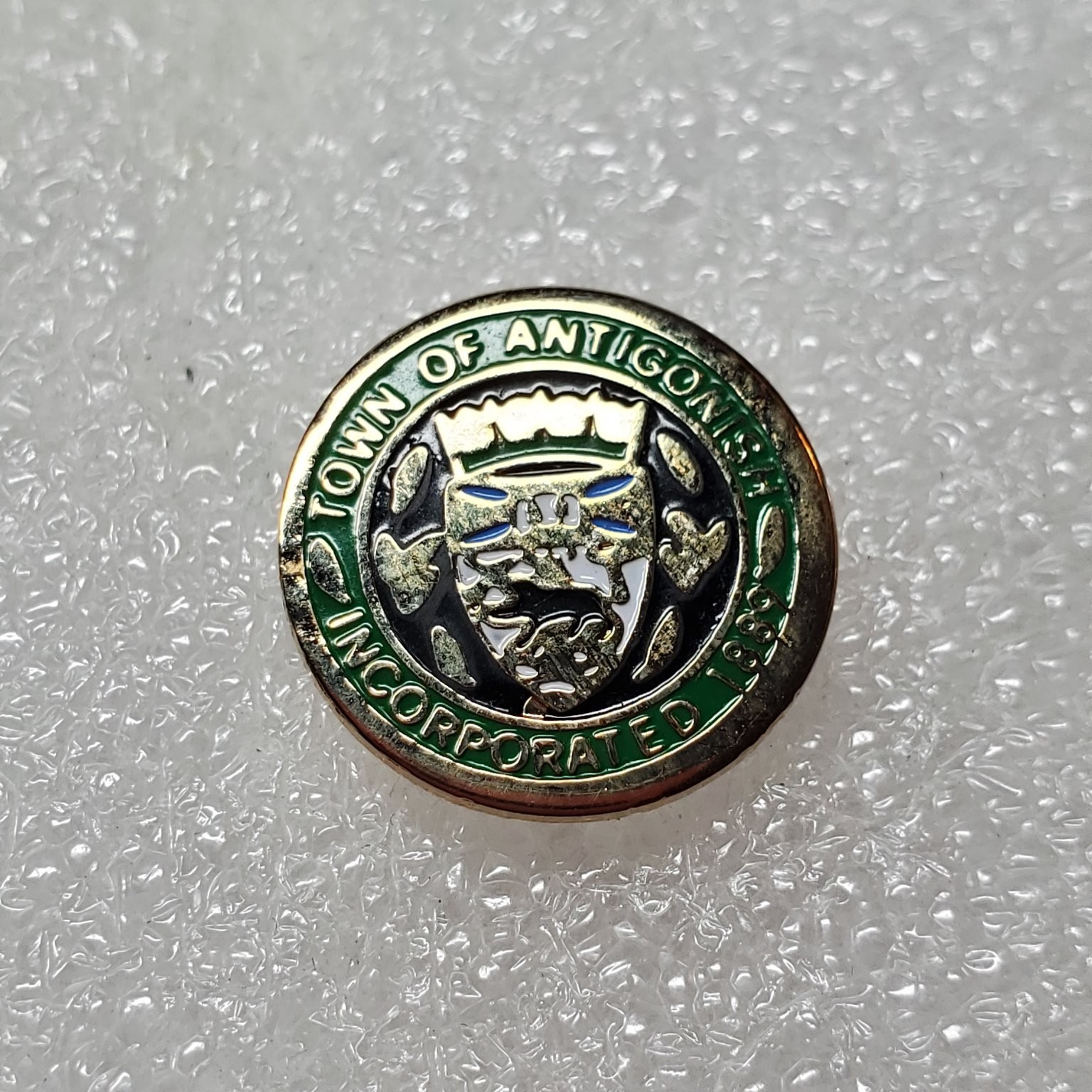 Town of Antigonish Nova Scotia Canada Lapel Pin Crest Gold Green Round Vintage