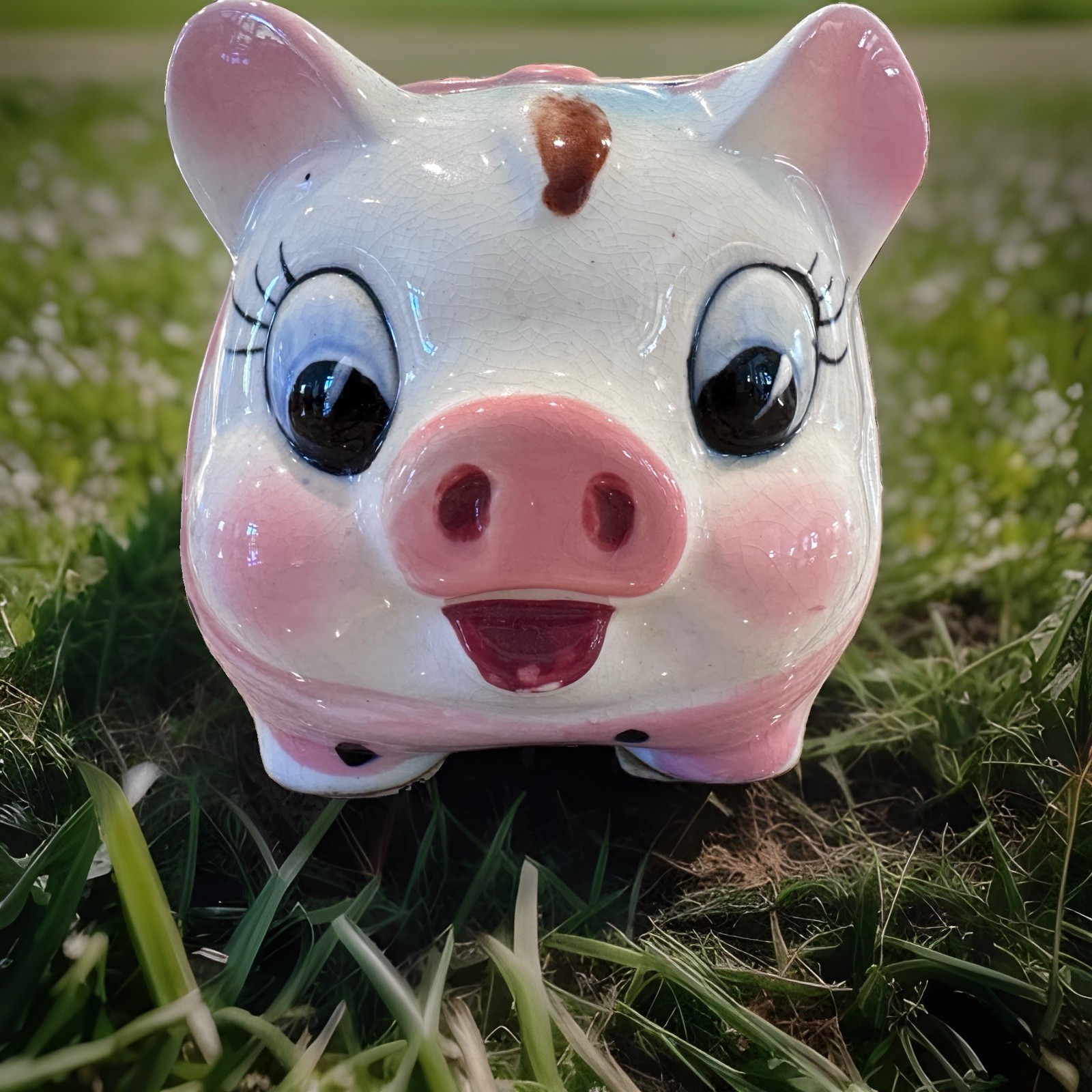Vintage 1950s Ceramic Anthropomorphic Pink Piggy Bank Bow Eyelashes Japan