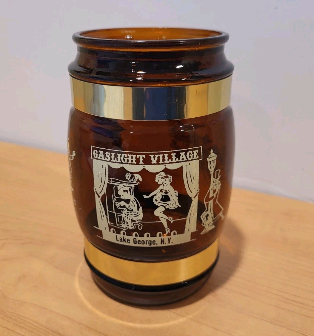 GASLIGHT VILLAGE  LAKE GEORGE  Amber Glass  Siesta Ware Souvenir Mug  BRASS WOOD