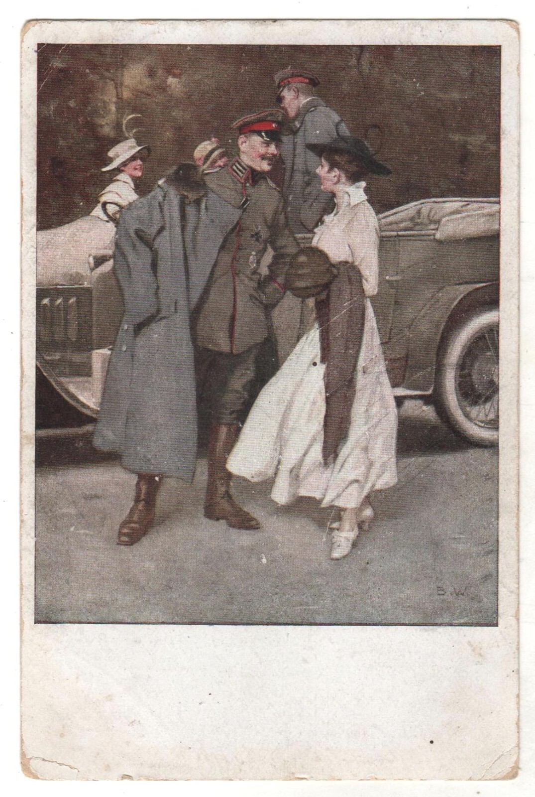 German WWI Military Postcard Officer & Lady at Airfield Antique ART Wennerberg