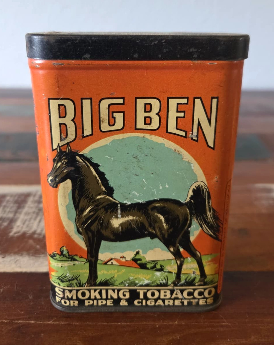 Vintage Big Ben Tobacco Pocket Tin Antique Brown & Williamson Horse Litho Orange Vintage Big Ben Tobacco Pocket Tin Antique Brown & Williamson Horse Litho Orange
