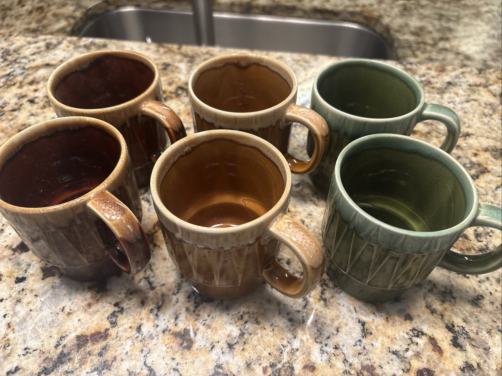 Vtg 1970's Japanese Gold Green Brown Drip Glaze Stackable Coffee Tea Cup Mugs Vtg 1970's Japanese Gold Green Brown Drip Glaze Stackable Coffee Tea Cup Mugs