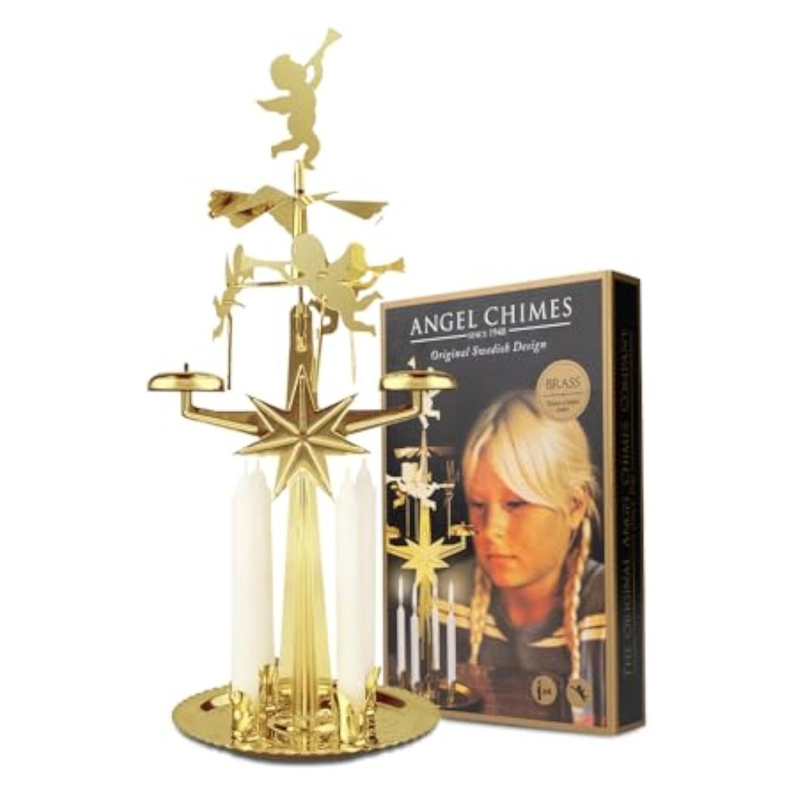 Original Swedish Angel Chimes Carousel 4 Candles Brass Christmas Decor New Original Swedish Angel Chimes Carousel 4 Candles Brass Christmas Decor New