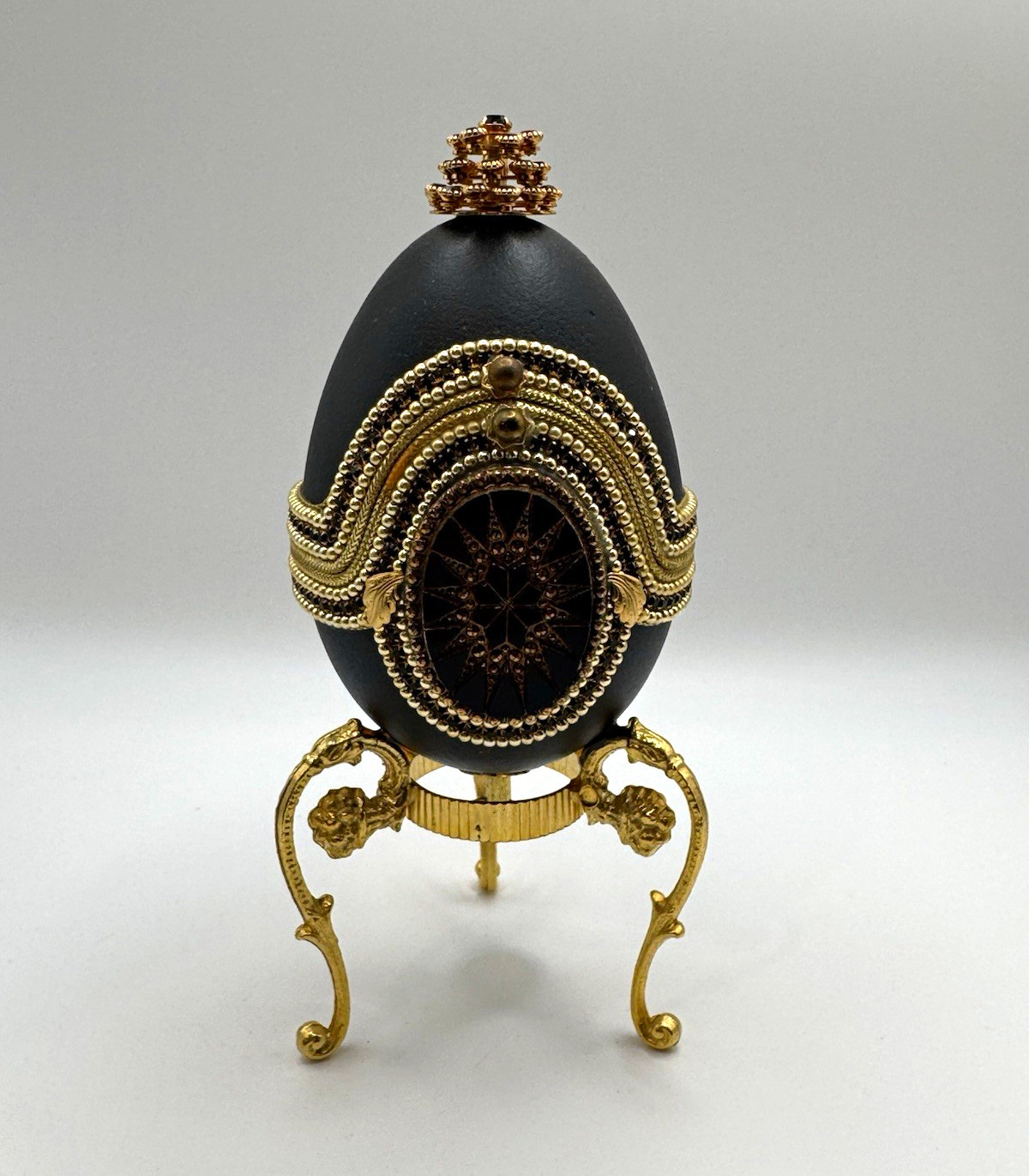 Vintage Jeweled Egg Music Box Fab Style Gold Stand Hinged Satin Lined Works