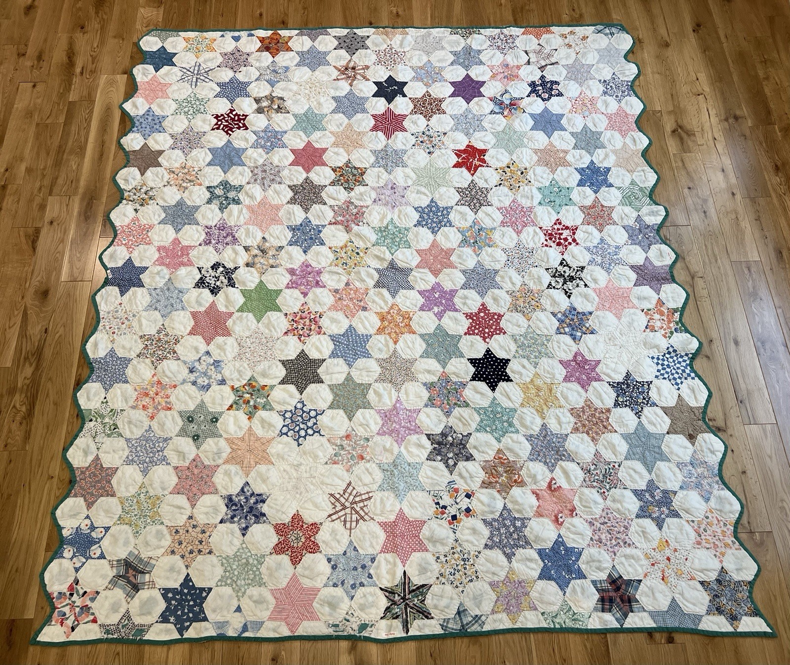 Vintage 40's Hand Made Touching Stars Quilt, Gorgeous Fabrics, By Gladys Lowe