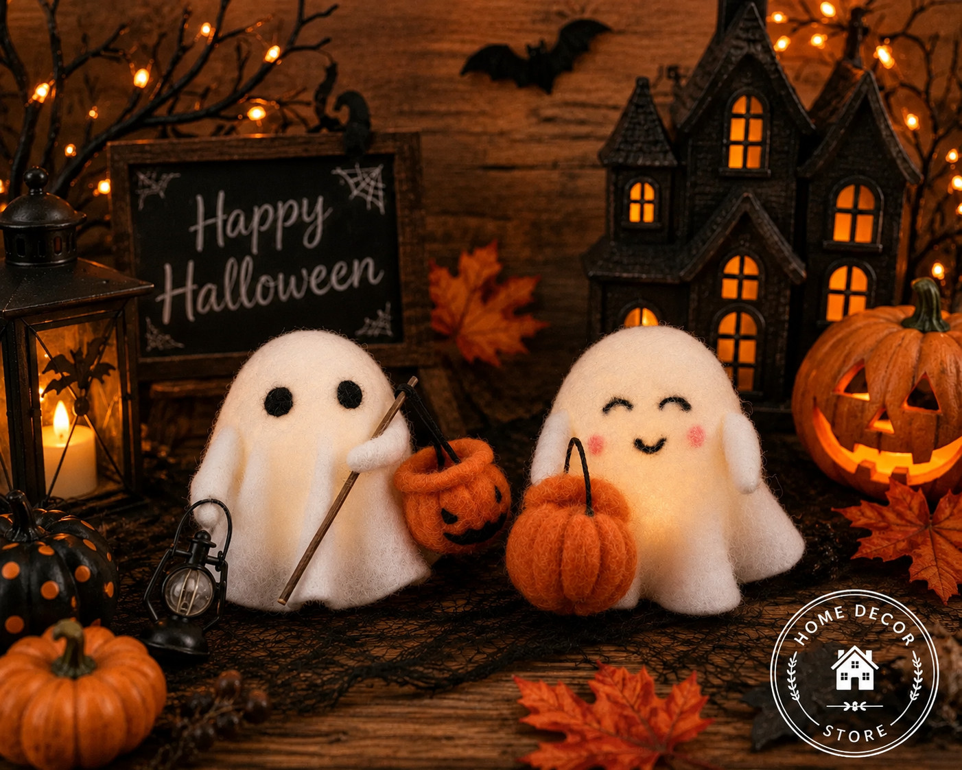 Primitives by Kathy Felt Halloween Light Up Ghost Set 2 Critter Ornament Decor