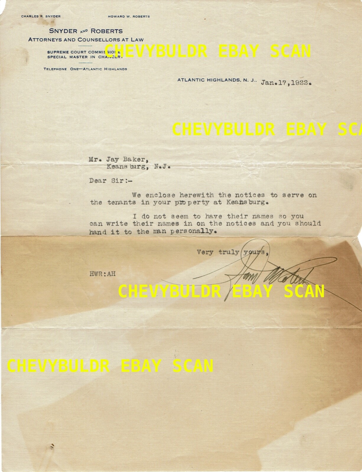 1922 Atlantic Highlands New Jersey Attorney to Client Business Letter 1922 Atlantic Highlands New Jersey Attorney to Client Business Letter