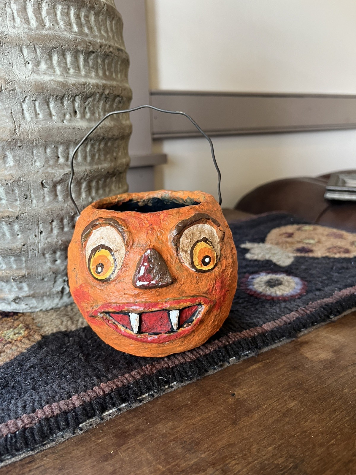 Scary Paper Clay Jack O Lantern Candy Container With Wire Handle Scary Paper Clay Jack O Lantern Candy Container With Wire Handle