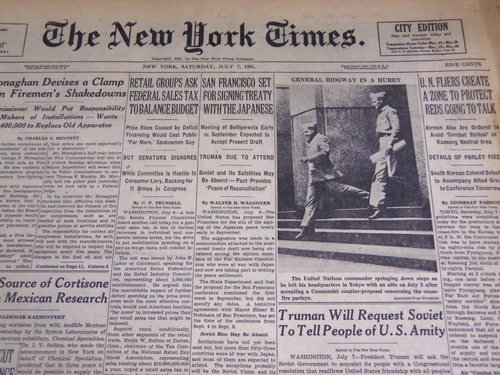 1951 JULY 7 NEW YORK TIMES - SAN FRANCISCO SET FOR TREATY WITH JAPAN - NT 2028 1951 JULY 7 NEW YORK TIMES - SAN FRANCISCO SET FOR TREATY WITH JAPAN - NT 2028