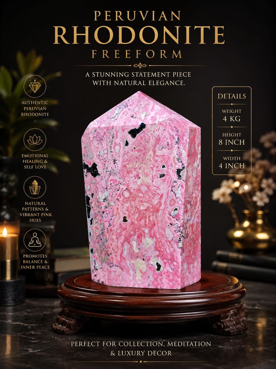 Premium Peruvian Rhodonite Crystal Freeform 8\ Premium Peruvian Rhodonite Crystal Freeform 8\