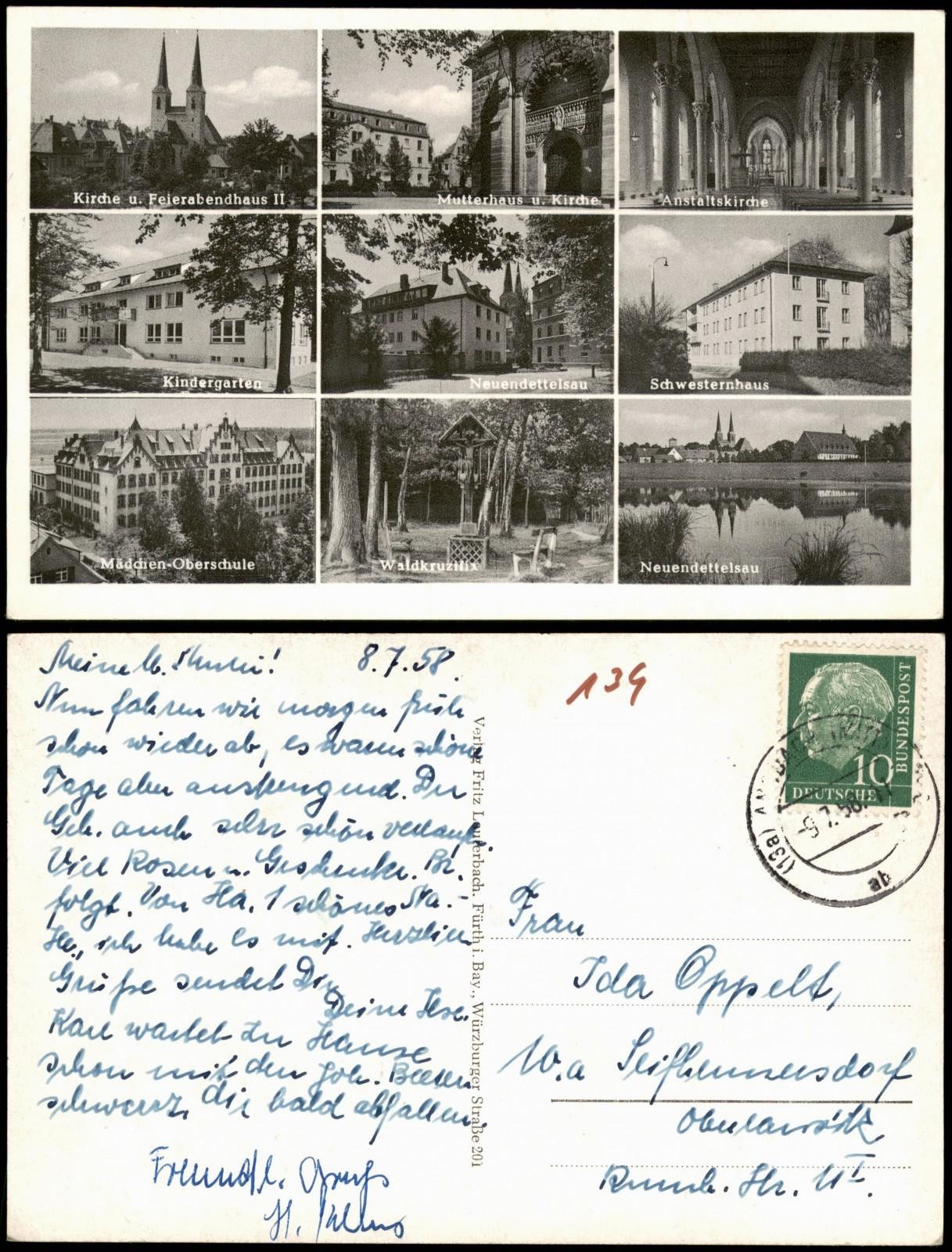 Postcard Neuendettelsau MB: mother house, kindergarten, sister house 1958
