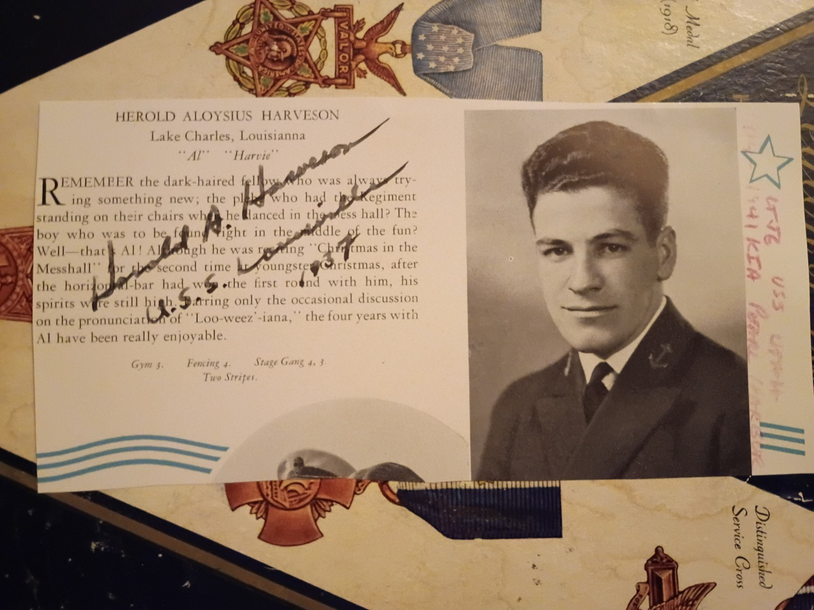 Lt. (jg) HEROLD A. HARVESON KIA Pearl Harbor Signed USNA 1937 Yearbook Photo