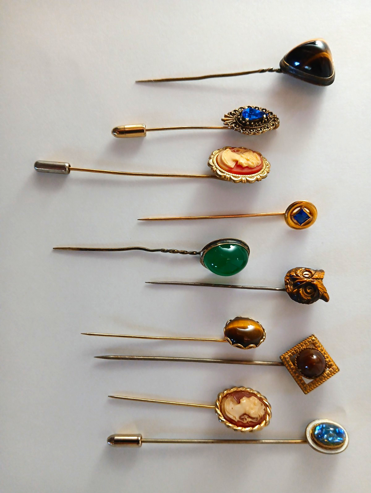 Lot of 10 Vintage Hatpins/Stick Pins Metal Glass Stones w/ Cameo Owl Head Lot of 10 Vintage Hatpins/Stick Pins Metal Glass Stones w/ Cameo Owl Head
