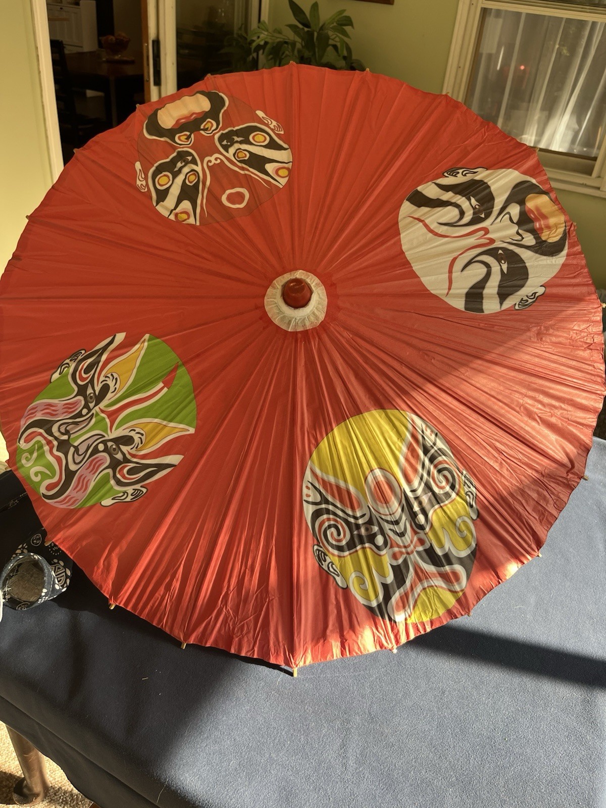 VTG Hand Painted Chinese Opera Mask Paper Parasol & Batik Fabric Case New w/Tag
