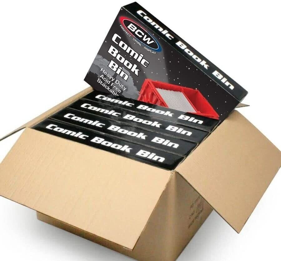 1 Case (5) BCW Brand Short Plastic Comic Book Bin Box Heavy Duty with Lid - RED 1 Case (5) BCW Brand Short Plastic Comic Book Bin Box Heavy Duty with Lid - RED