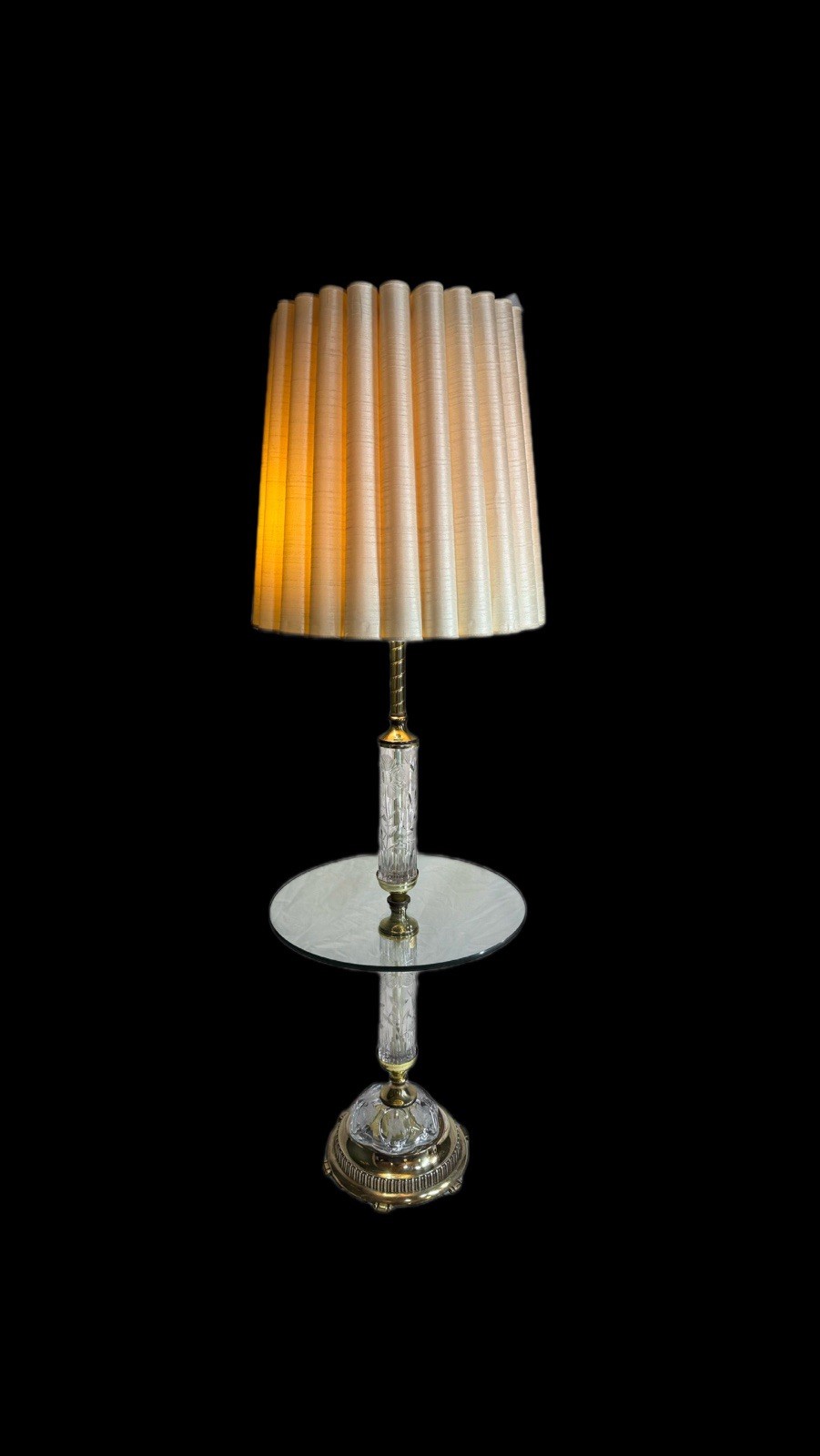 VTG Hofbauer Crystal Lamp Table Combo W/ Glass & Silk Shade Hollywood Regency