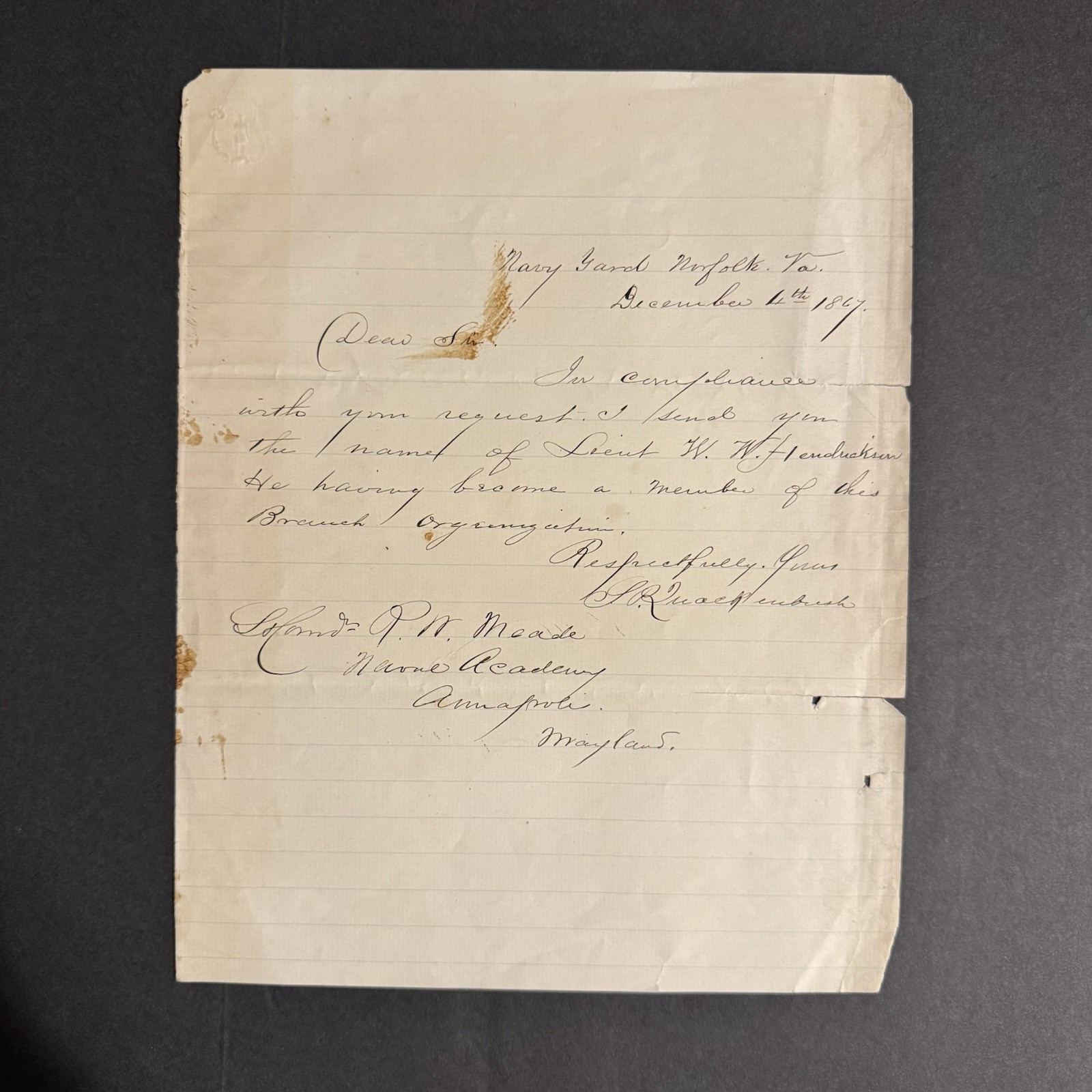 1867 Civil War Hero S.P. Quackenbush Signed Letter to R.W. Meade Naval Academy