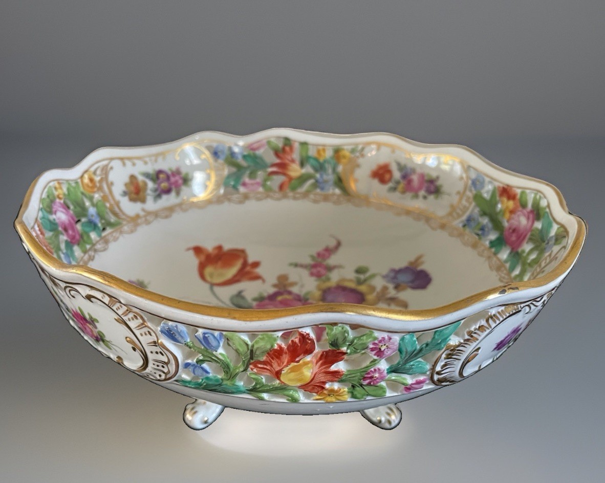 Rare Antique Dresden Footed Bowl Centerpiece 10\ Rare Antique Dresden Footed Bowl Centerpiece 10\