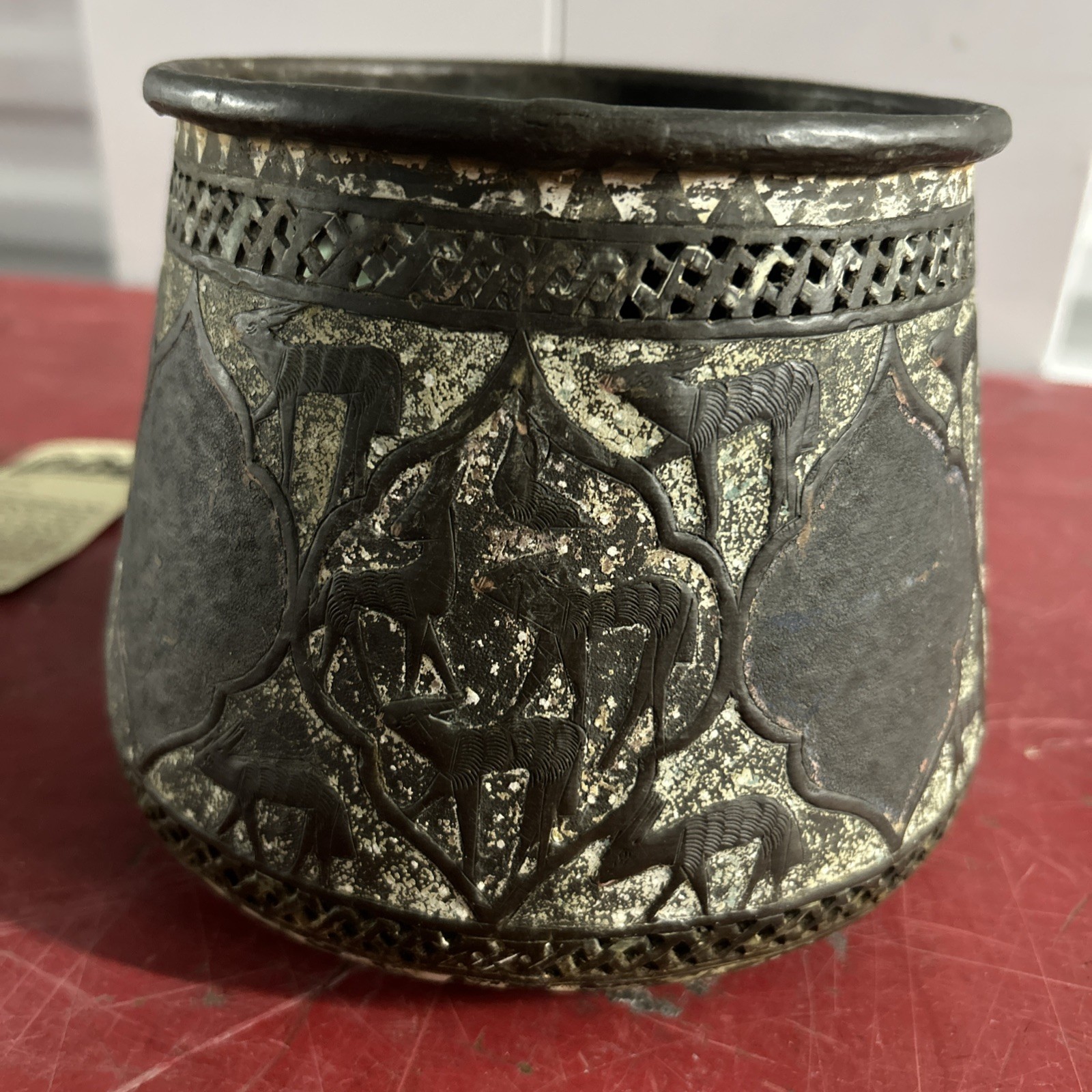 **SALE** Rare Antique Islamic Pierced Brass w/ Copper/Silver Inlay Bowl, Unique **SALE** Rare Antique Islamic Pierced Brass w/ Copper/Silver Inlay Bowl, Unique