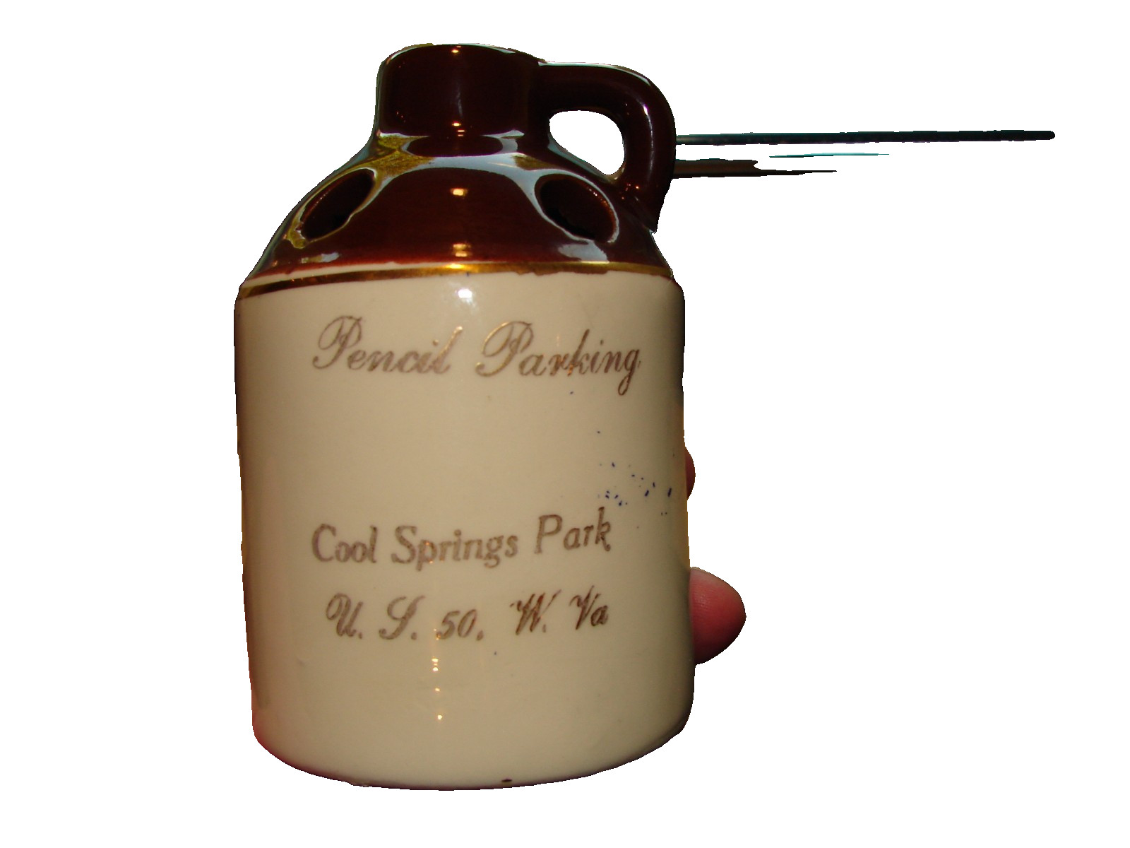 Vintage Miniature Pottery Advertising Jug Pencil Parking Cool Springs Park WVa.