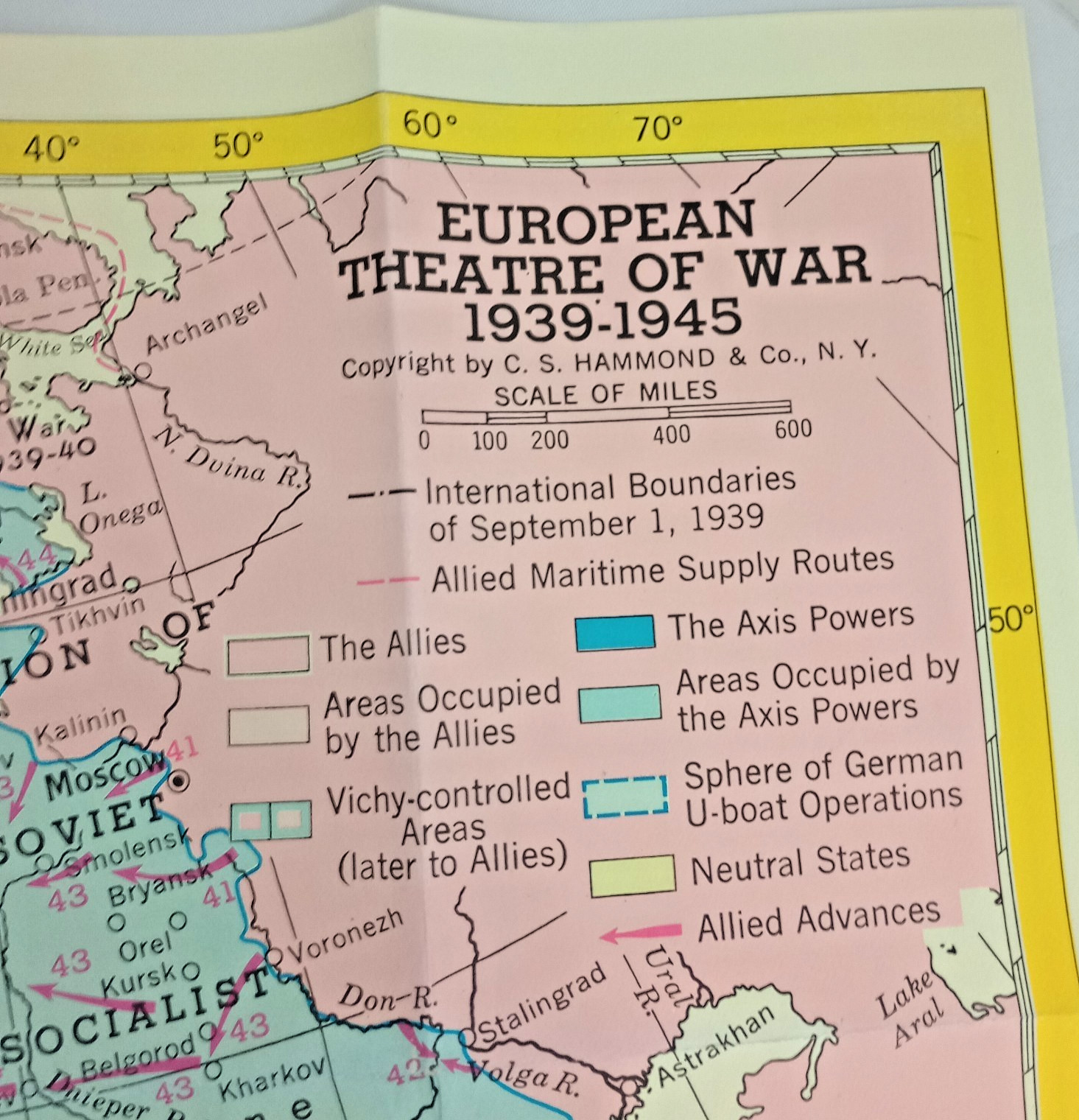 WWII European Theatre of War Map 1939–1945 C.S. Hammond Vintage USA