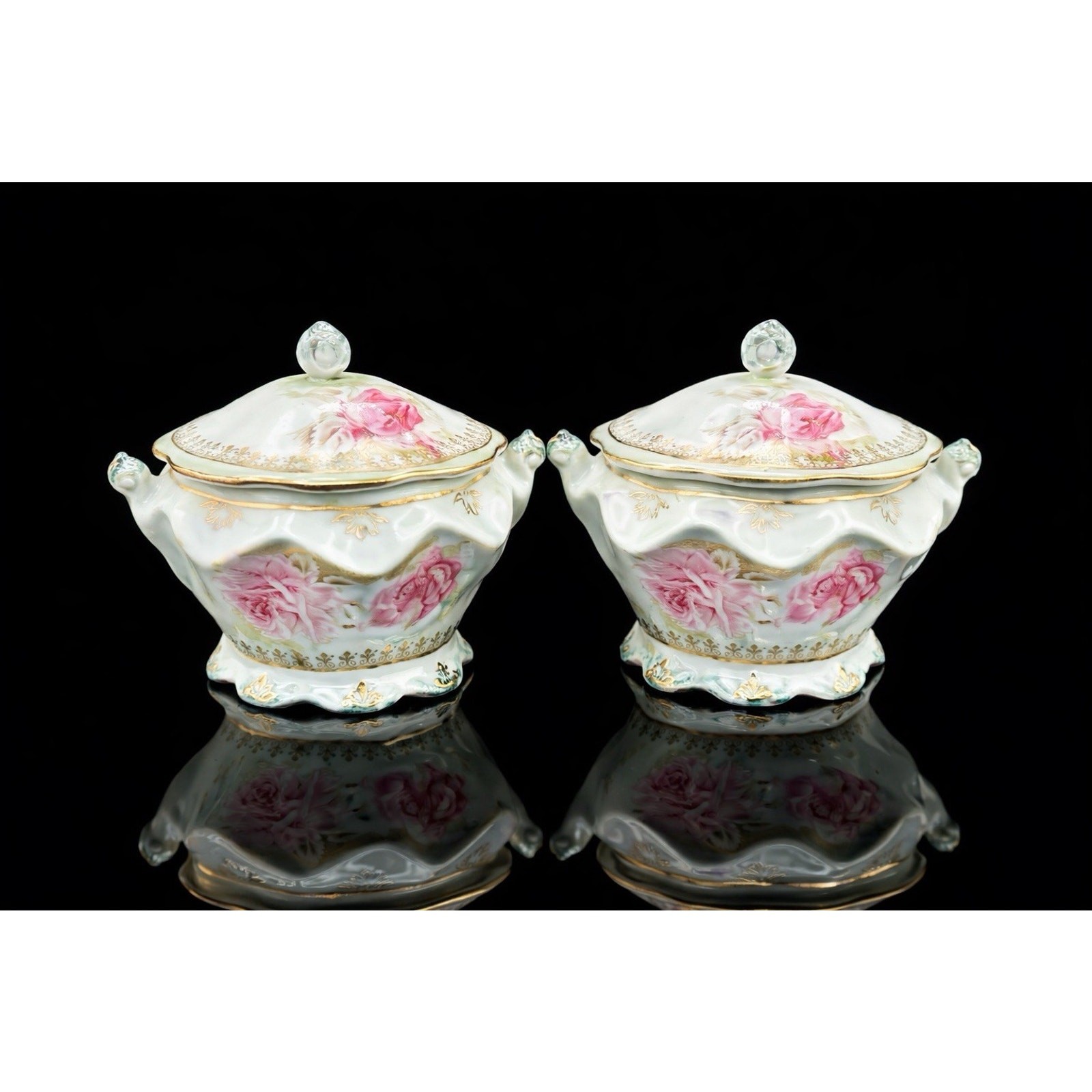 Antique Nippon Lidded Covered Bowls Pair Pink Roses Gold Trim Japan Porcelain
