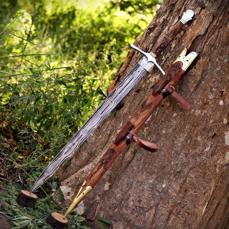 Handmade Copper Damascus Viking Sword with Engraved Wooden Scabbard Fantasy Swor