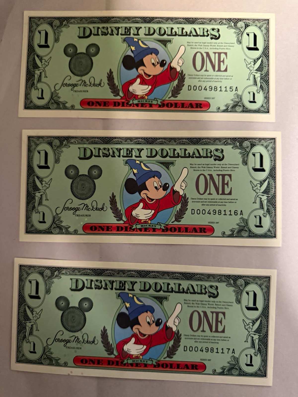 Disney $1 Disney Dollars Notes 1997 Sorcerer Series Mickey Mouse Lot of 3 Disney $1 Disney Dollars Notes 1997 Sorcerer Series Mickey Mouse Lot of 3