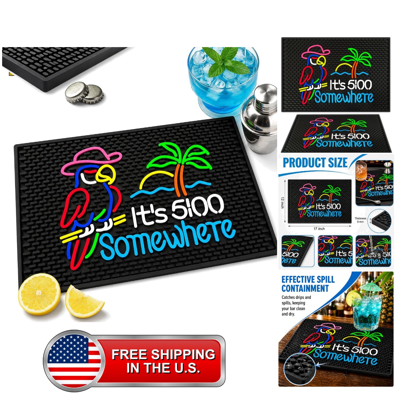 Tiki Bar Mat It\'s 5 O\'Clock Somewhere Rubber Bar Mats for Bartending 17x12 in... Tiki Bar Mat It\'s 5 O\'Clock Somewhere Rubber Bar Mats for Bartending 17x12 in...