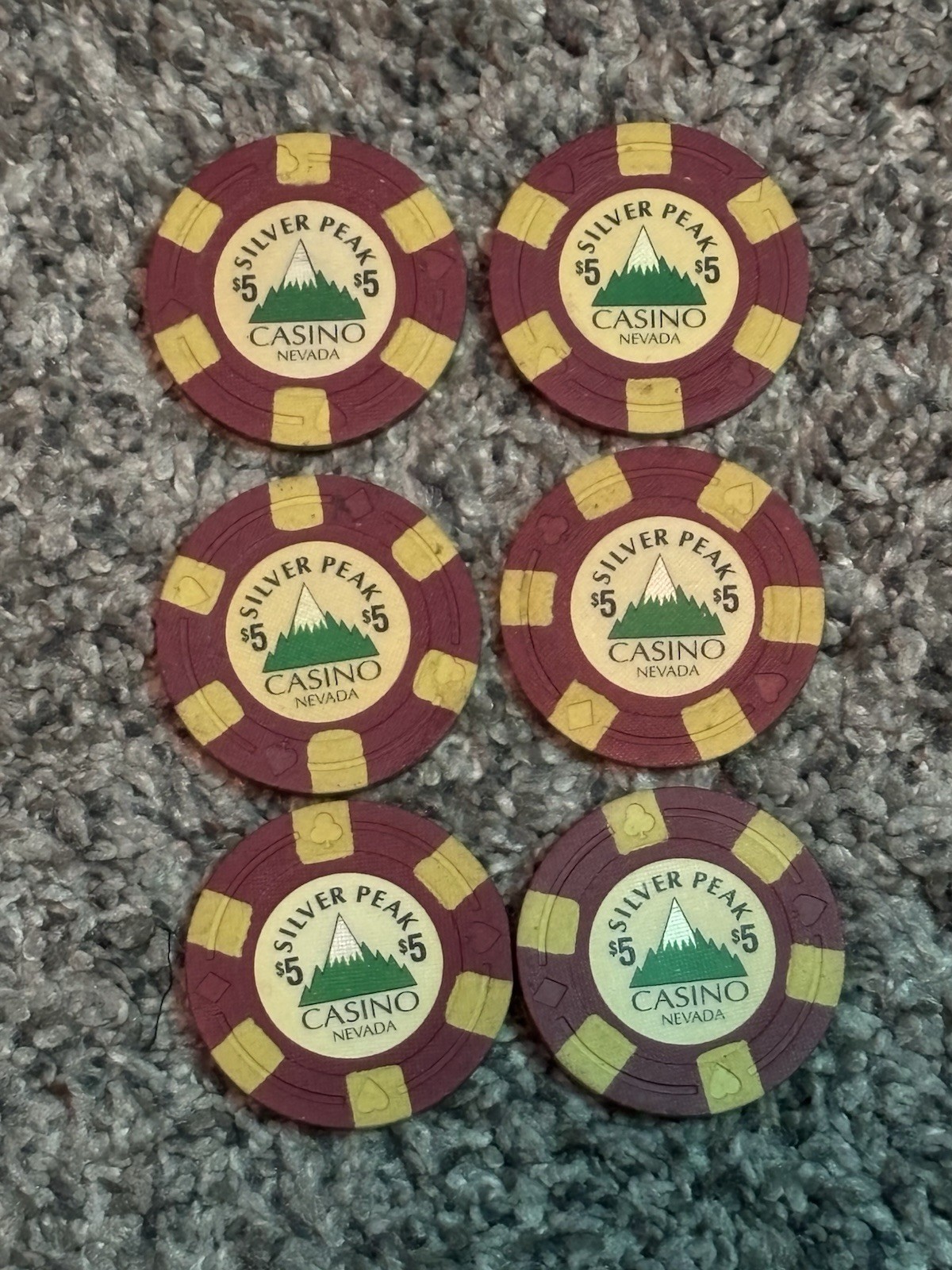 SIX SILVER PEAK CASINO CHIPS $5.00 NEVADA SIX SILVER PEAK CASINO CHIPS $5.00 NEVADA