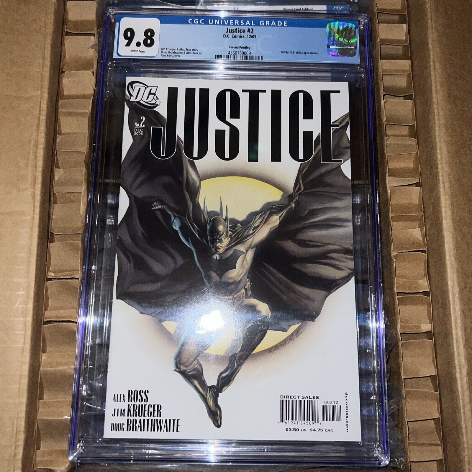 JUSTICE #2 CGC 9.8 RARE Alex Ross Batman, 2nd Printing Variant Cover, DC 2005