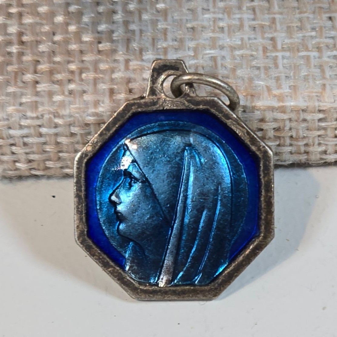 Vintage French Blue Enamel Virgin Mary Medal Pendant Holy Water Reliquary plated Vintage French Blue Enamel Virgin Mary Medal Pendant Holy Water Reliquary plated