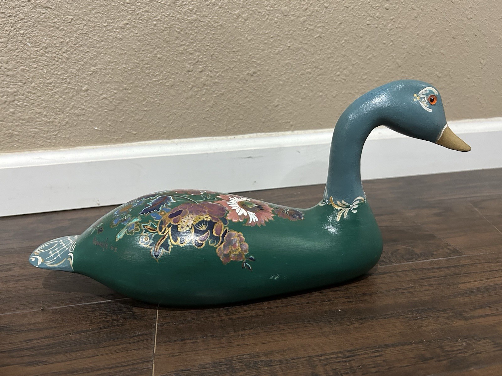 VTG Hand Painted Wooden Goose Or Duck Artist Signed Folk Art Teal Green Floral VTG Hand Painted Wooden Goose Or Duck Artist Signed Folk Art Teal Green Floral