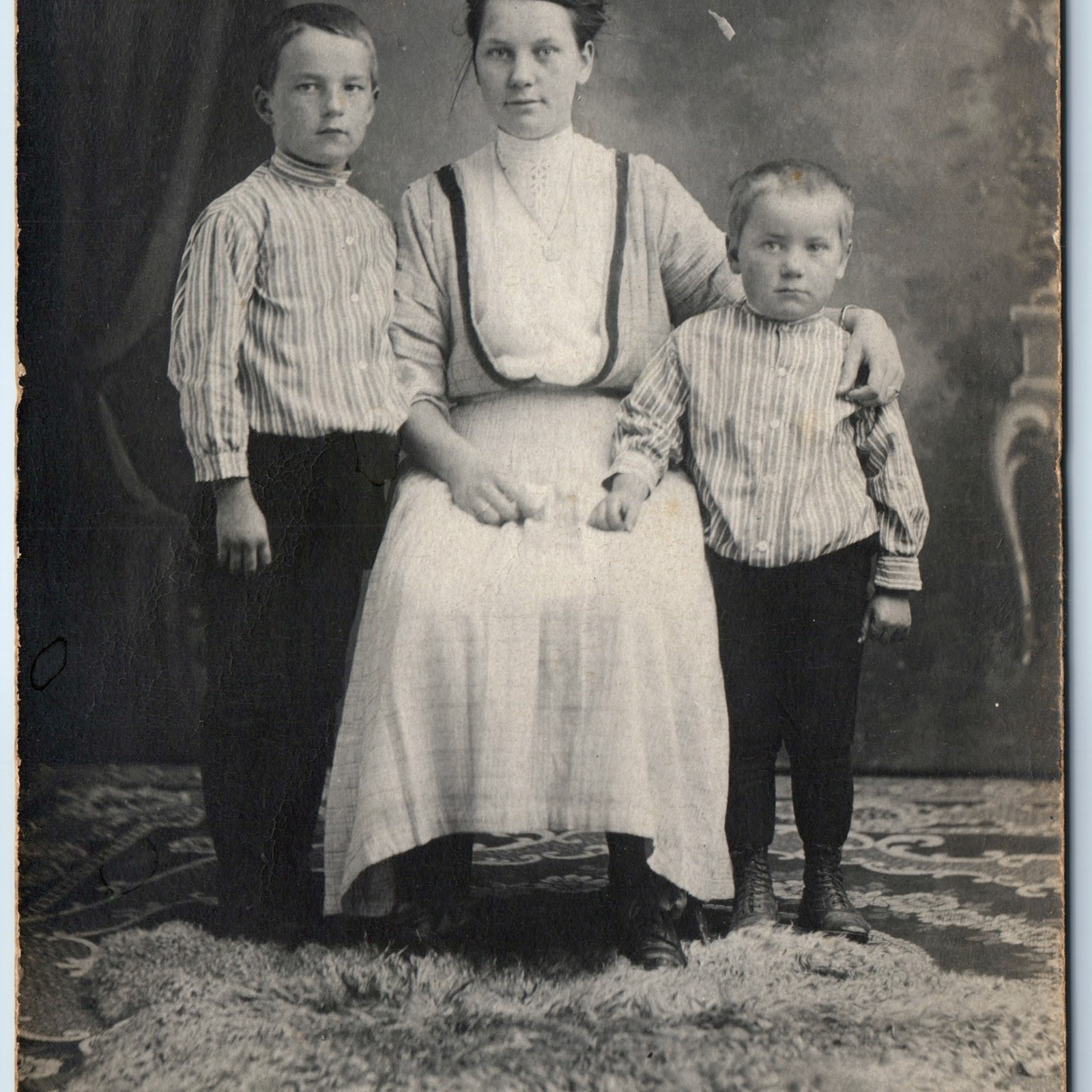 c1910s Mother & Sons Studio Portrait RPPC Postcard Matching Shirts Vintage Photo c1910s Mother & Sons Studio Portrait RPPC Postcard Matching Shirts Vintage Photo