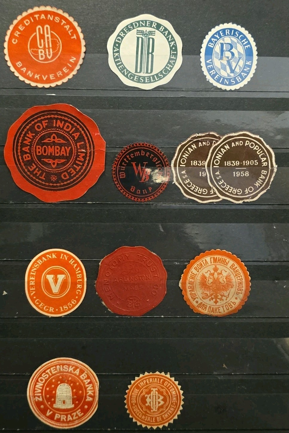 World Wide Antique Die-cut Bank Labels Lot Of 12 World Wide Antique Die-cut Bank Labels Lot Of 12