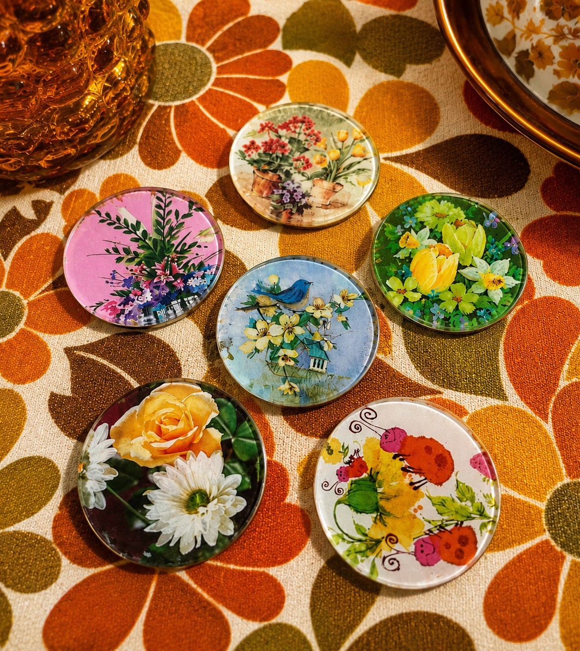 Vintage Handmade Resin Coasters Floral Bright Vibrant Flower Power 70s Hippie Vintage Handmade Resin Coasters Floral Bright Vibrant Flower Power 70s Hippie