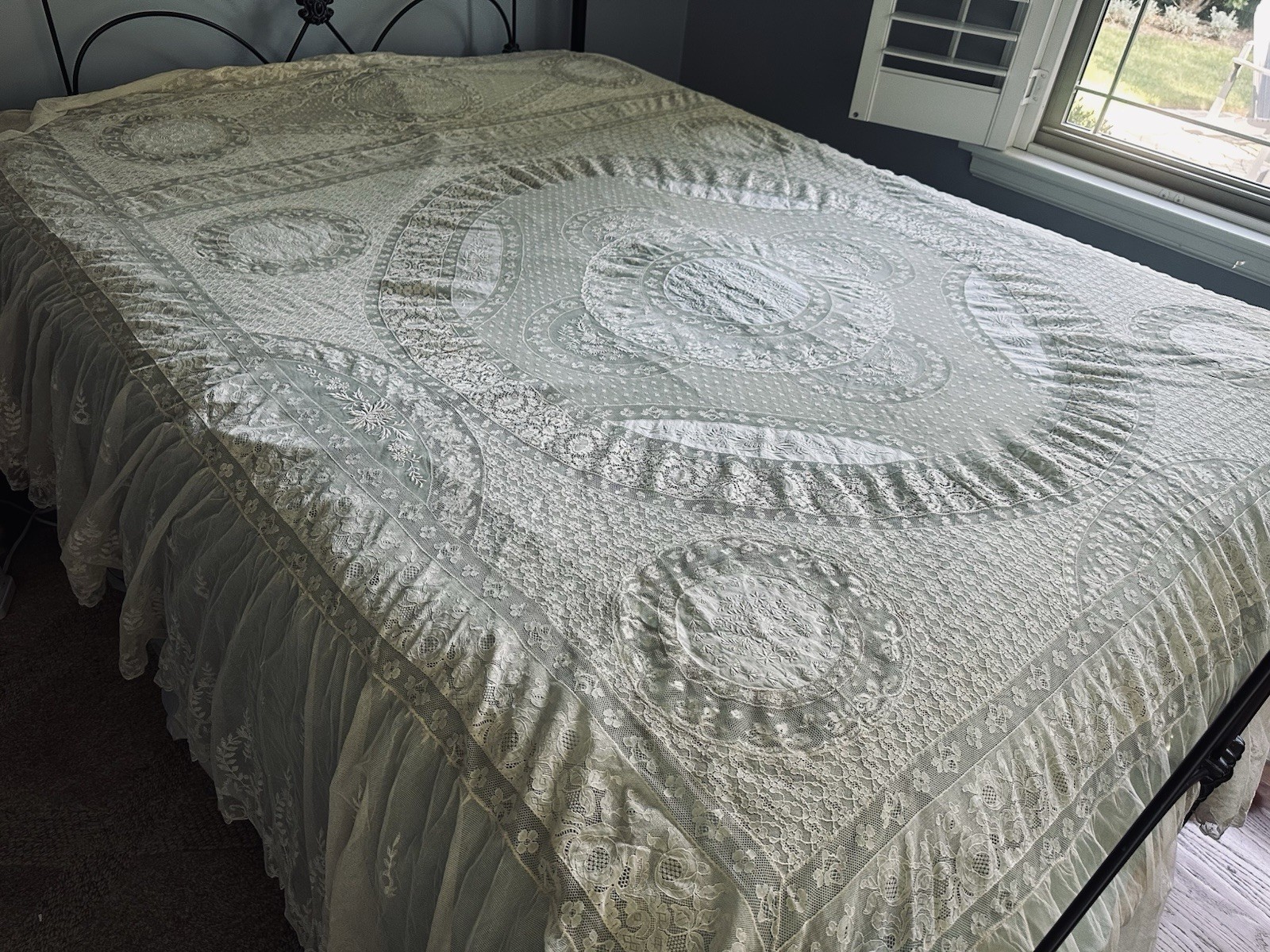 A+ Vintage Normandy Lace Bed Cover Queen Size AS FOUND Hand Sewn Net Embroidered A+ Vintage Normandy Lace Bed Cover Queen Size AS FOUND Hand Sewn Net Embroidered