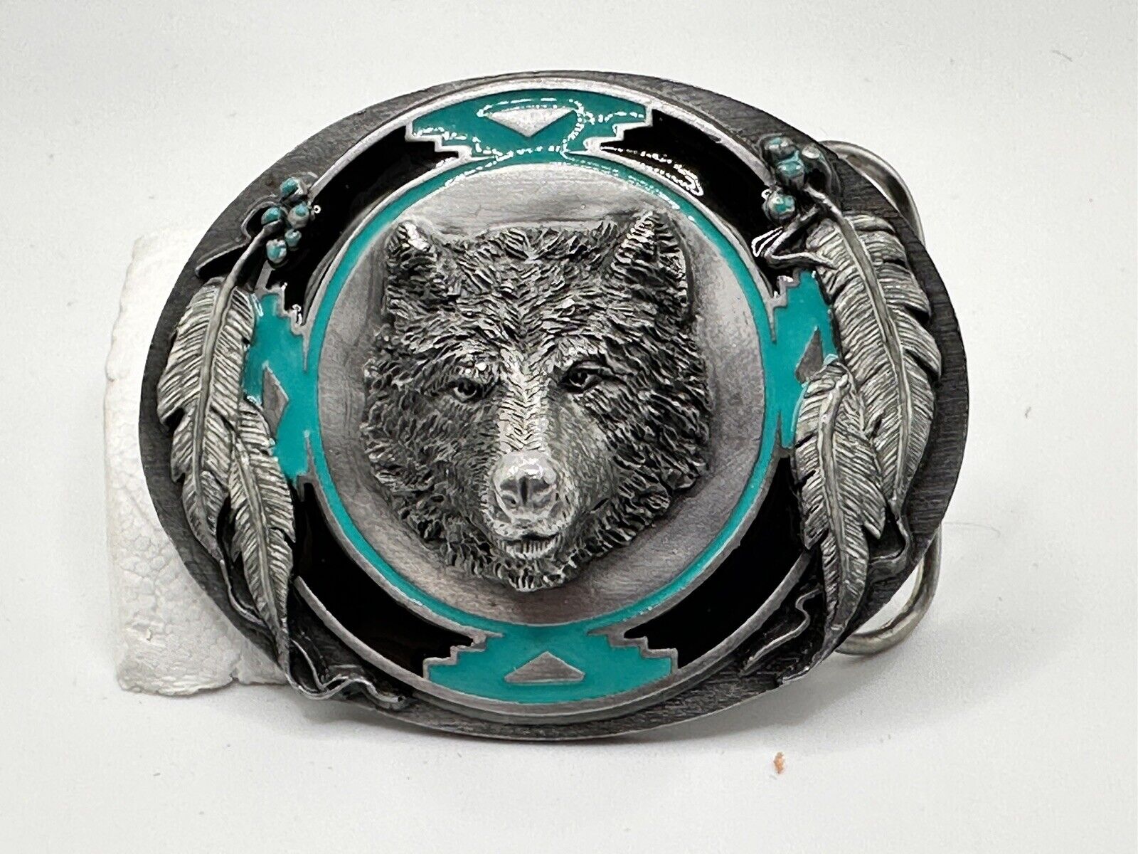 VTG 1995 Wolf head Siskiyou Turquoise Metal Oval Belt Buckle Native American