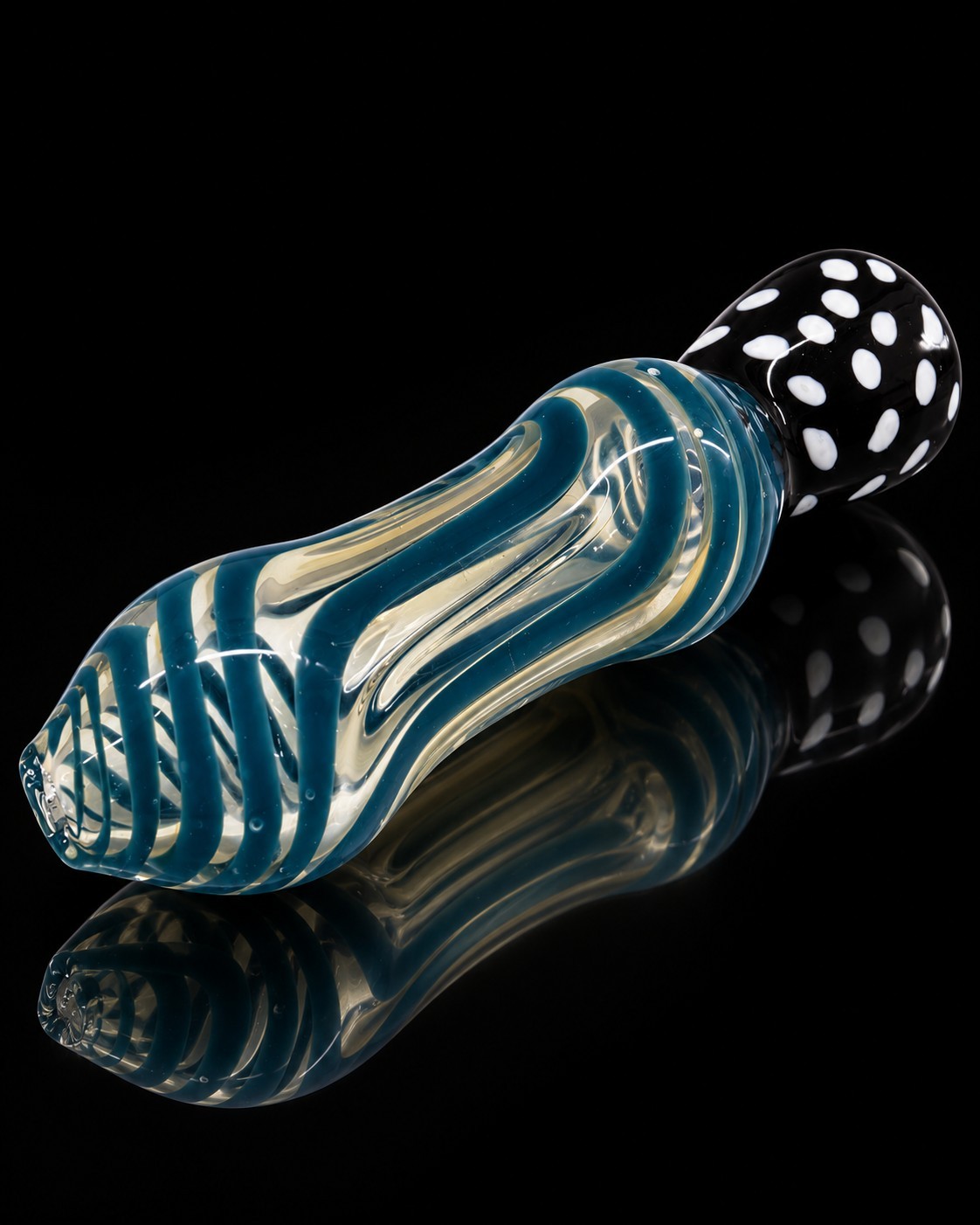 Teal Blue Glass Tobacco Chillum Black White Polka Dot Swirl Design
