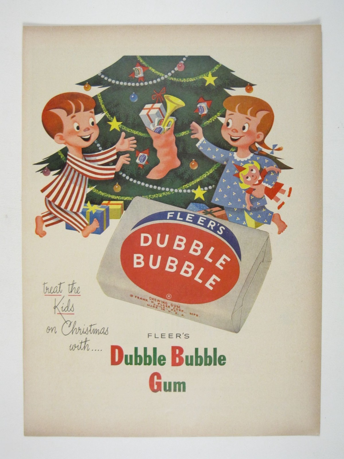 Print Ad 1950s Fleers Dubble Bubble Gum Christmas Holiday Treat Kids Vintage MOD Print Ad 1950s Fleers Dubble Bubble Gum Christmas Holiday Treat Kids Vintage MOD