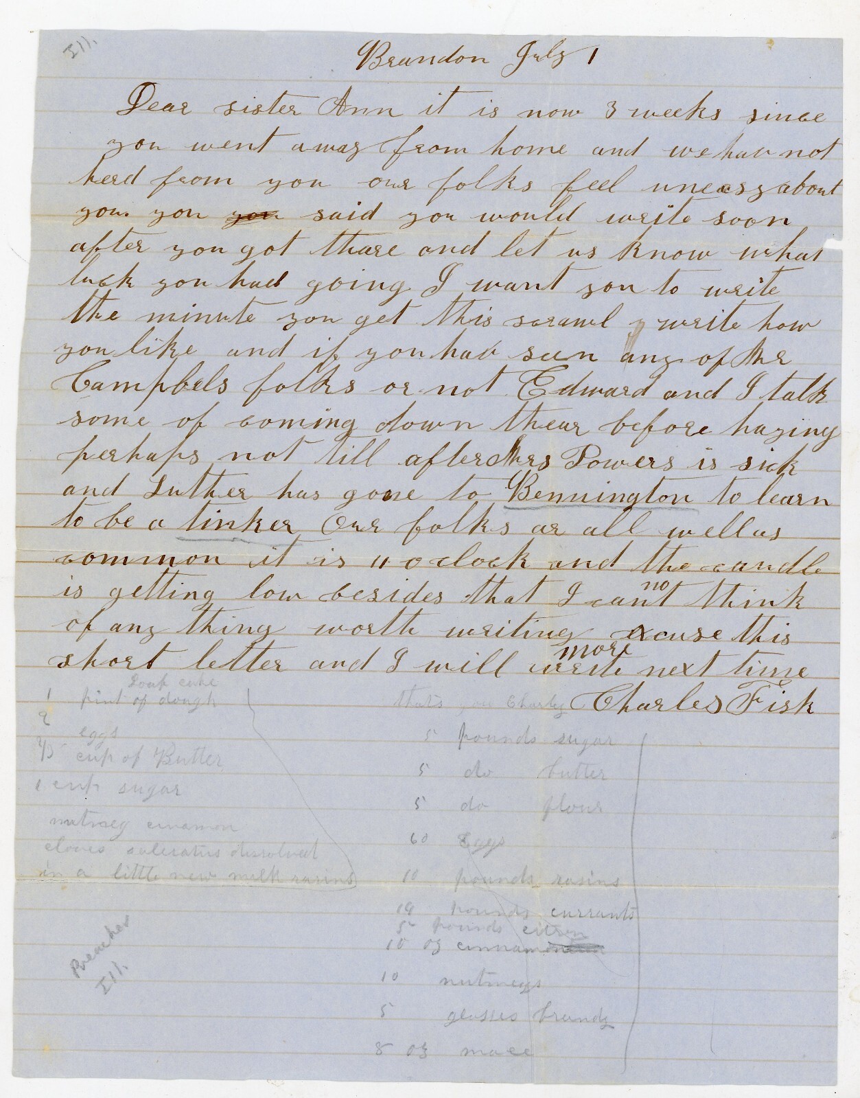 1860s Letter from Charles Fish in Brandon VT to Sister Ann – Family News & Local