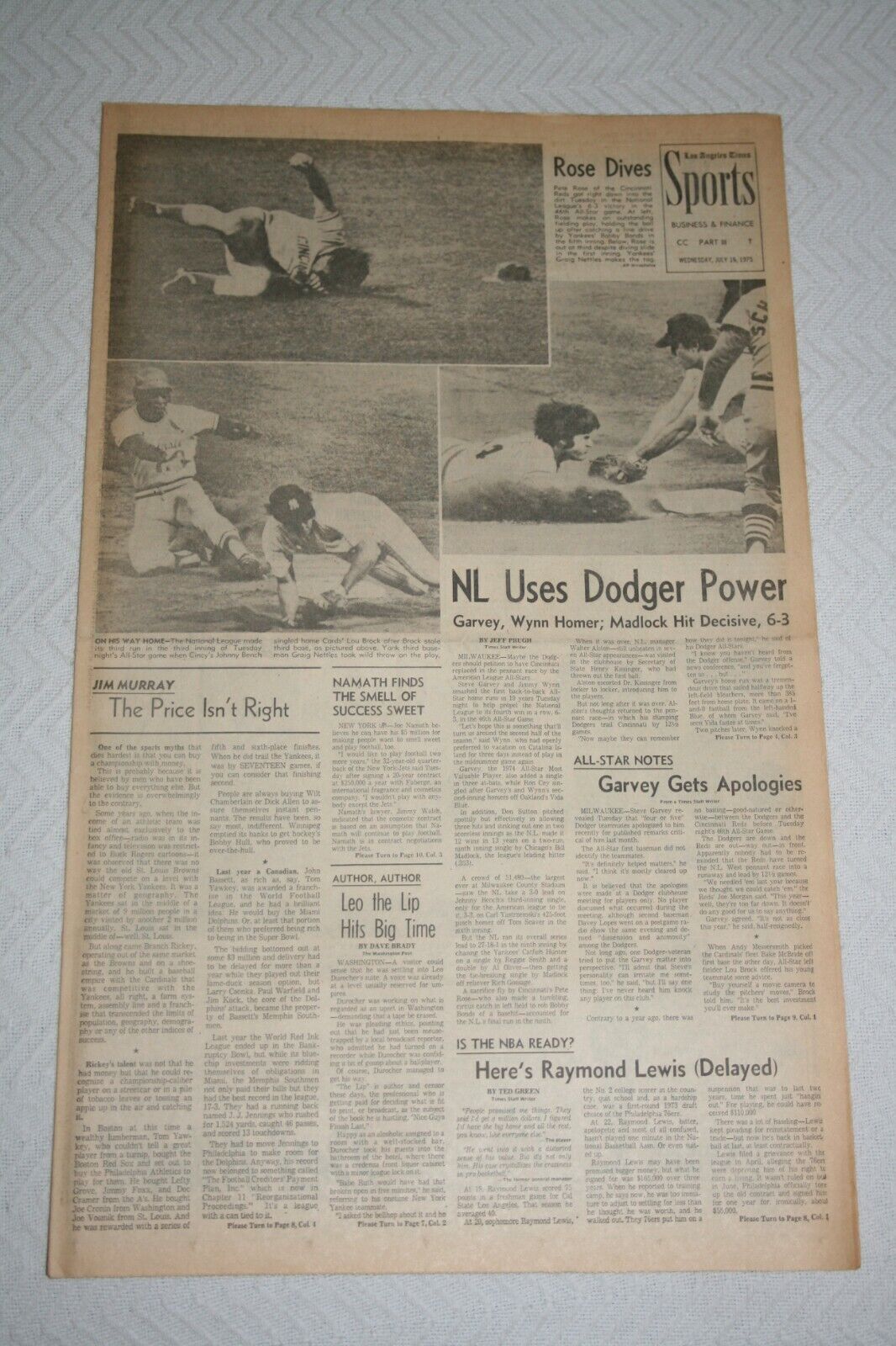 1975 Los Angeles Times NL All-Star Game Milwaukee * Steve Garvey HR * Pete Rose