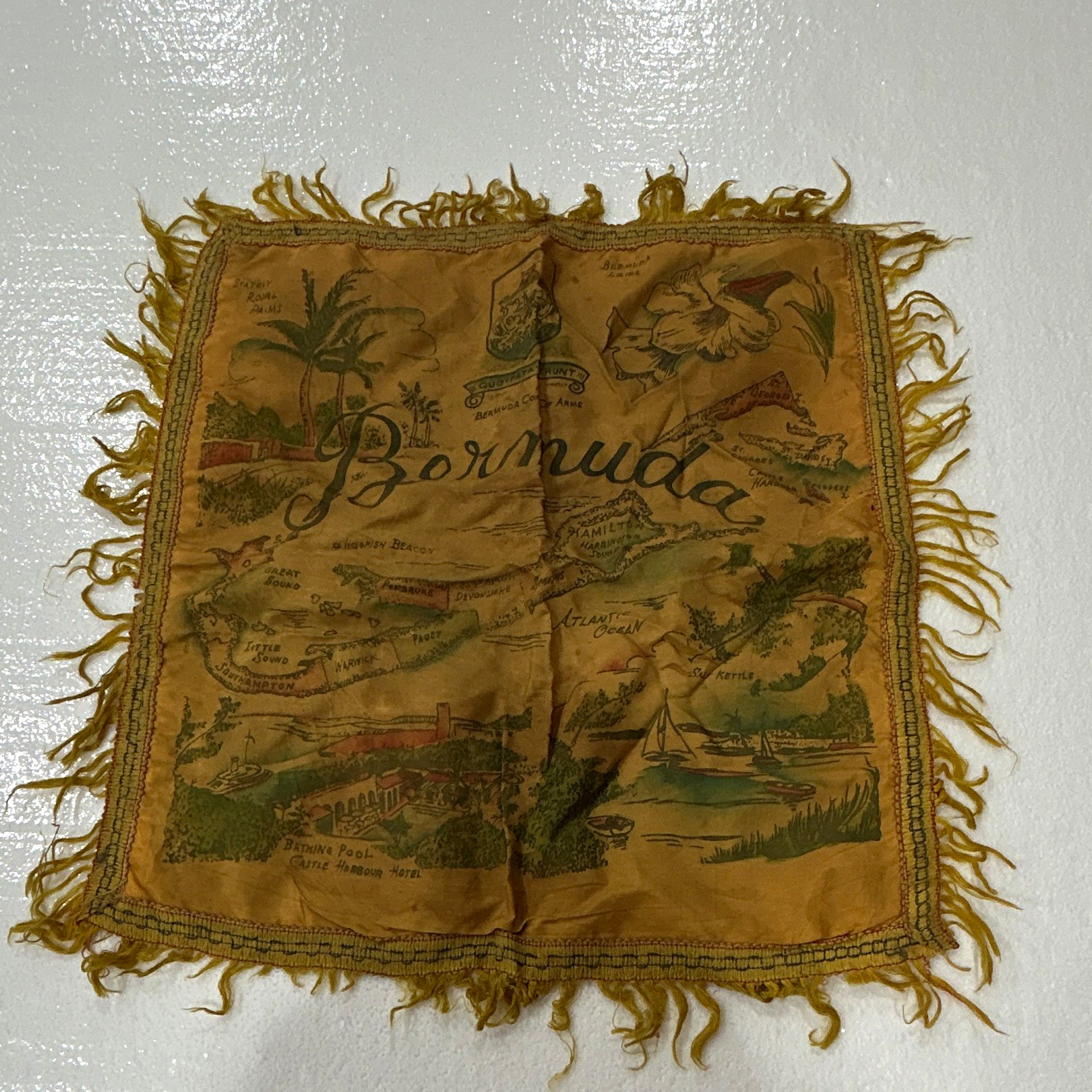 Vintage WWII Bermuda 1940s Souvenir Silk Fringed Pillow Cover, RareMilitary Map Vintage WWII Bermuda 1940s Souvenir Silk Fringed Pillow Cover, RareMilitary Map