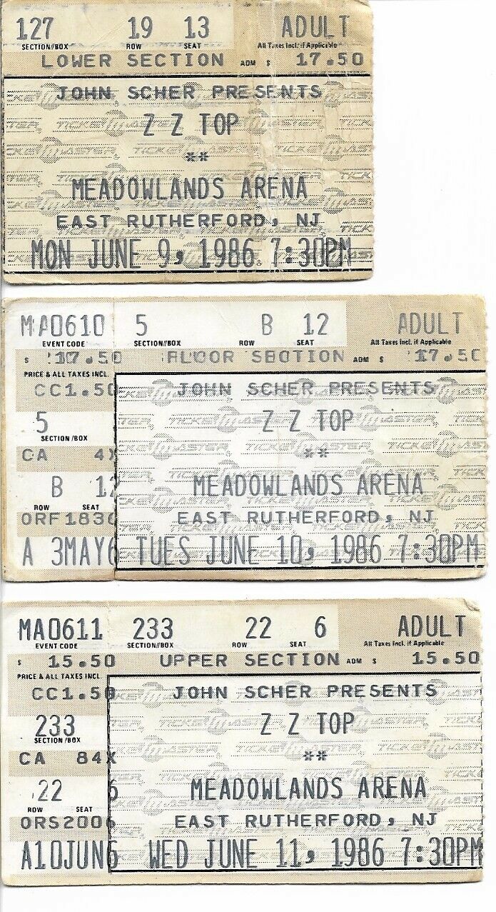 THREE (3) ZZ TOP TICKET STUBS - 3 CONSECUTIVE NIGHTS AT THE MEADOWLANDS JUNE 9-1