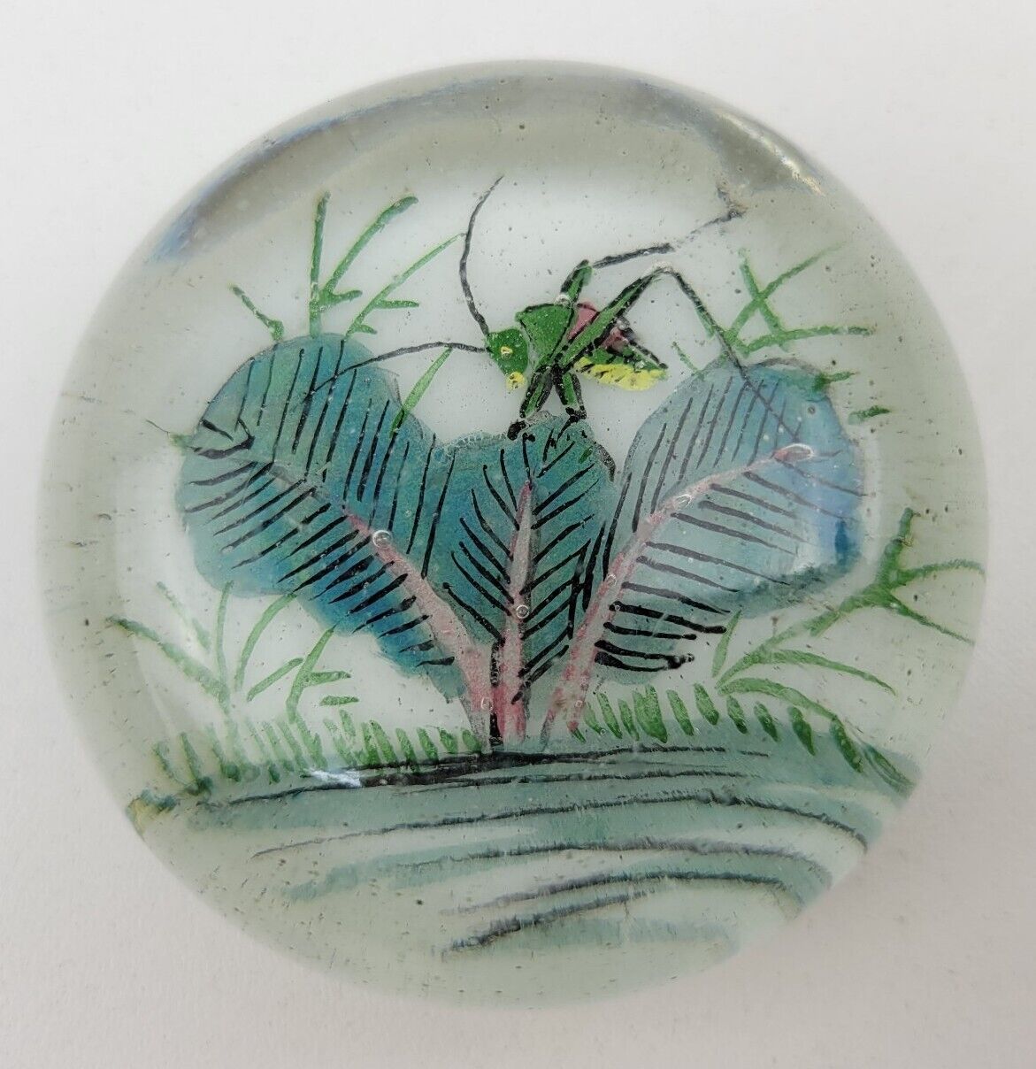 Antique Chinese Painted White Ground Art Glass Paperweight Cricket Foliage Vtg.
