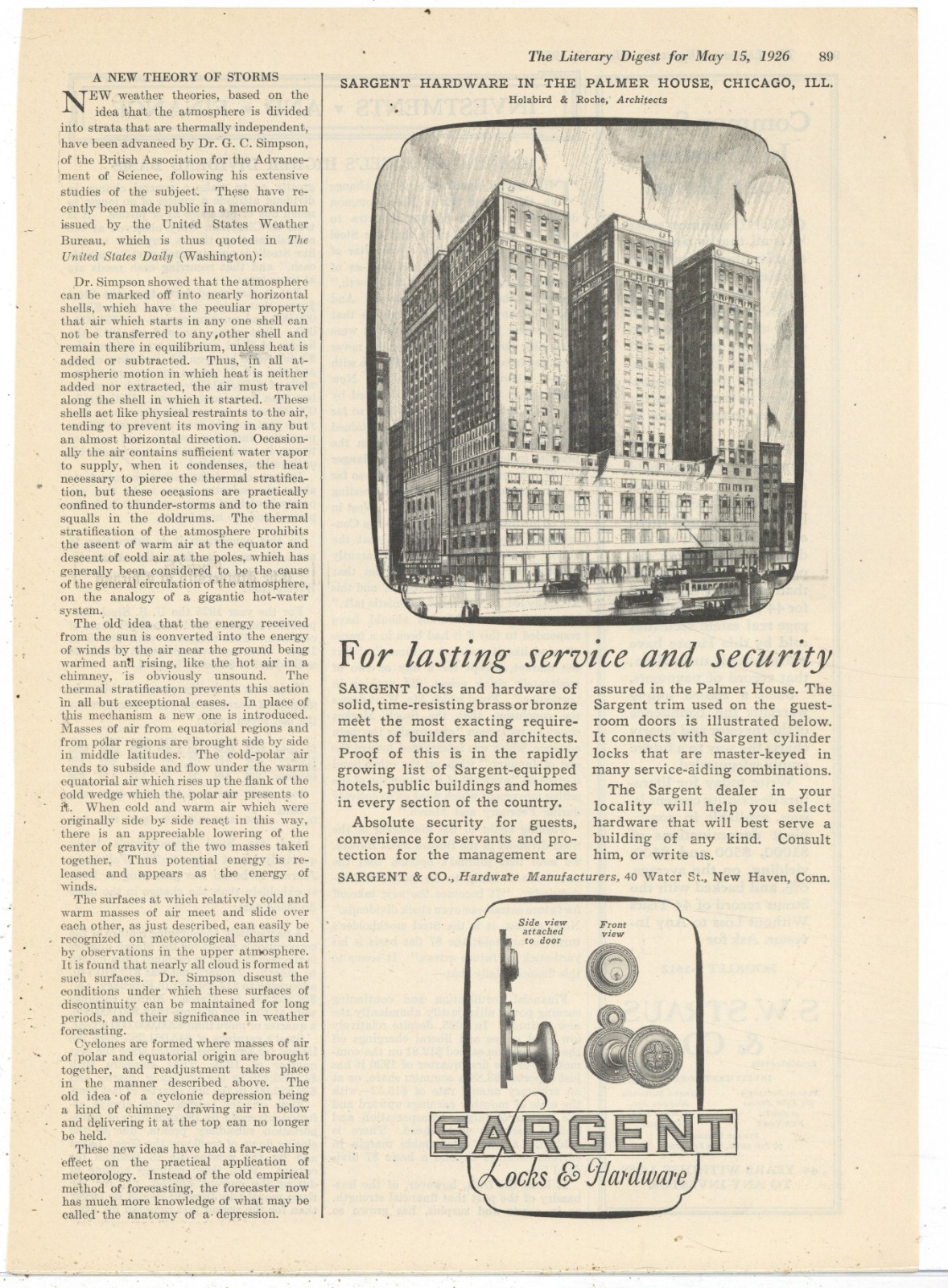 1926 Sargent Locks & Hardware Ad: Palmer House Hotel Artist's Rendering Chicago 1926 Sargent Locks & Hardware Ad: Palmer House Hotel Artist's Rendering Chicago