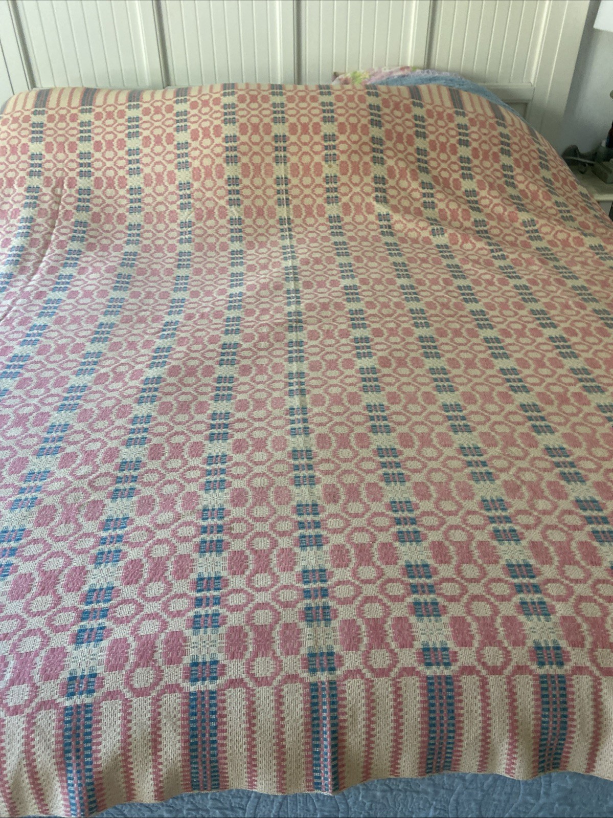 Vintage MCM Woven Coverlet - Teal Pink Tan Geometric Pattern 82 X 104” Vintage MCM Woven Coverlet - Teal Pink Tan Geometric Pattern 82 X 104”