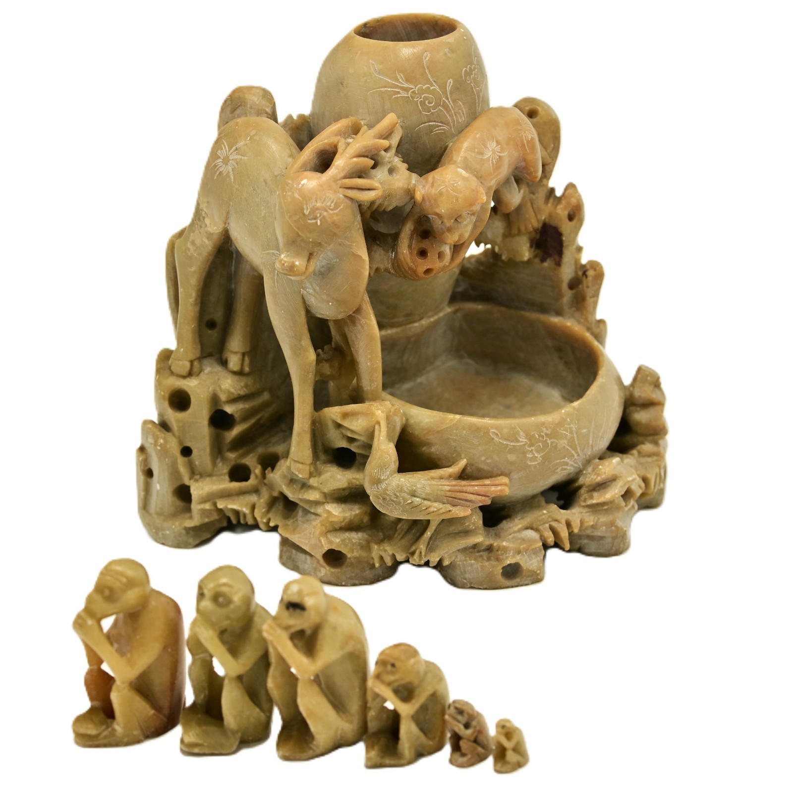 Antique Chinese Carved Soapstone Inkwell Brush Pot Monkey Flower Sculpture Vase