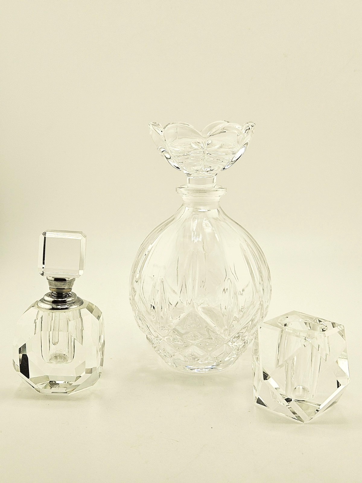Vintage Glass Perfume Bottle Set 3pc Lot Decanter Dauber & Matching Hold